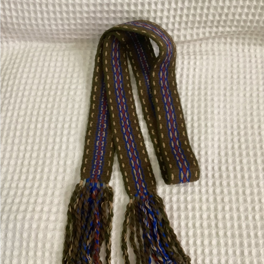 Hand Woven Waist Belt Sash 50” Forest Green with Blue and Burnt Orange